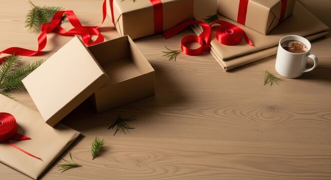 Gift boxes and cup of coffee arranged on wooden table for Boxing Day  