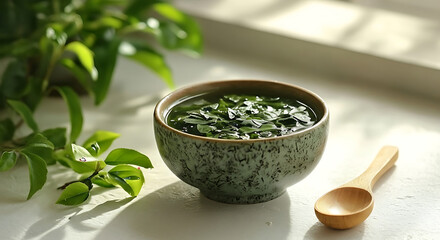 A bowl of green soup with leaves and a small wooden spoon on a white surface near green plants