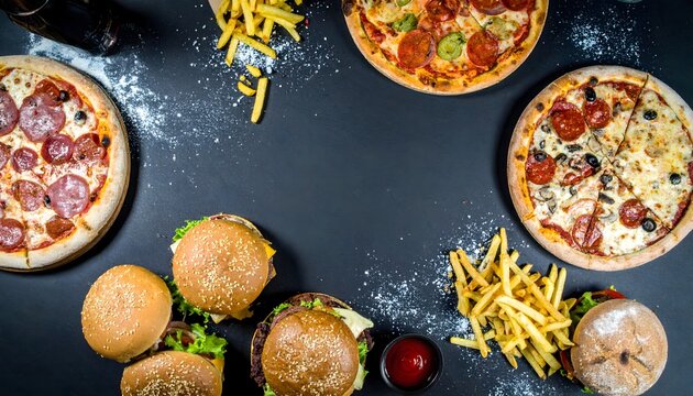 Assortment of Fast Food on a Dark Background - Pizza, Burgers, and Fries - Powered by Adobe