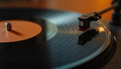 Vinyl record player needle spinning on black disc with warm light background