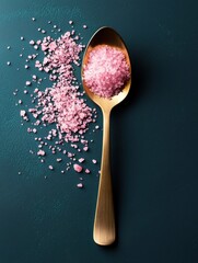 Wooden spoon with a golden handle on a dark blue background. the spoon is filled with small pink crystals, which appear to be sea salt.