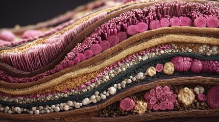 Detailed Close-Up of Intricate Biological Layers Showcasing Various Textures and Colors in an Abstract Representation of Cellular Structures