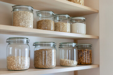 Glass jars with food ingredients on wooden kitchen shelves