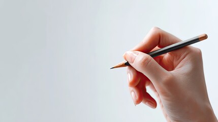 close-up of a clean, delicate feminine hand holding a pencil, sketching in mid-air over a pure smooth white studio background