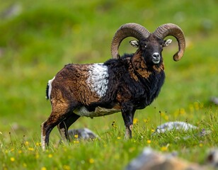 Naklejka premium Majestic ram in a grassy meadow