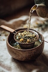 close-up of a rustic tea strainer filled with dried chamomile, lemon balm, linden and lavender herbs, with hot water 