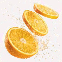 Fresh orange slices in motion with water droplets