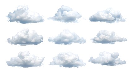 a collection of fluffy, white clouds floating in a clear blue sky, each with a unique shape and texture