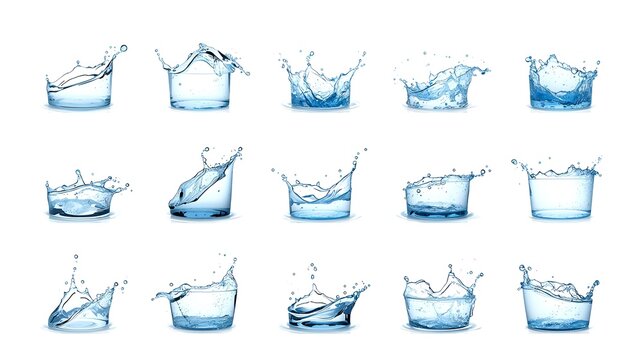 a collection of 15 water splash variations, each capturing unique moment of fluid dynamics