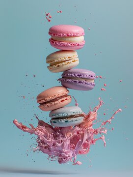 Stack of colorful macarons on a light blue background.