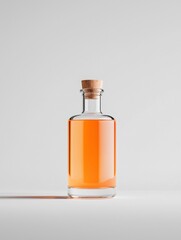 Photograph of a glass bottle with a cork stopper. the bottle is filled with an orange-colored liquid, which appears to be a type of alcoholic beverage.