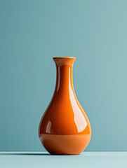 Photograph of an orange vase on a light blue background. the vase is made of ceramic and has a round shape with a narrow neck and a narrow opening at the top.