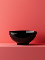 3d rendering of a black bowl on a pink background. the bowl is in the center of the image and is positioned in a way that it is facing towards the right side of the frame.