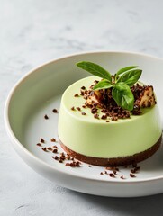 Close-up of a dessert on a white plate. the dessert appears to be a round, creamy green dessert with a layer of chocolate on top.