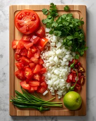 A close-up overhead shot of a wooden cutting board with various ingredients arranged on it, ready for meal preparation. The vibrant colors of the tomatoes, onions, cilantro.