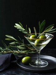 Close-up of a martini glass with three green olives in it. the glass is placed on a black plate with a sprig of olive leaves on the side.