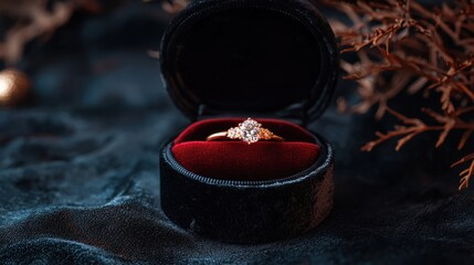 Engagement ring in a black velvet box with a red velvet lining. the ring is placed on a dark blue velvet surface with a few dried branches and twigs scattered around it.