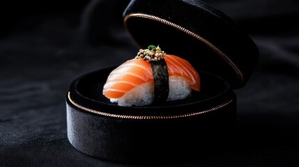 Small black box with a gold zipper on top. inside the box, there is a piece of sushi, which appears to be a type of sushi roll.