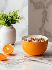 Bowl of granola on a white marble countertop. the bowl is orange in color and has a white spoon resting on the side.