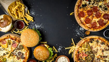 Assortment of Fast Food on a Dark Background - Pizza, Burgers, and Fries