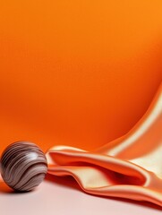 Close-up of an orange background with a smooth, flowing fabric on the right side. on the left side of the image, there is a small, round object with a striped pattern on its surface.