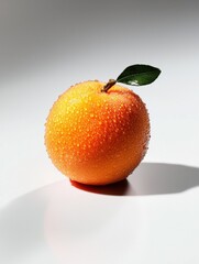 Close-up of an orange with a small green leaf on top. the orange is bright orange in color and has a shiny surface with small droplets of water on it.