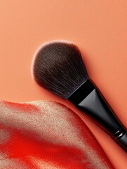 Close-up of a makeup brush with a black handle and a round, black bristled head. the brush is resting on an orange background.