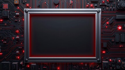 A futuristic black display screen with intricate electronic components and circuits, creating a high-tech vibe