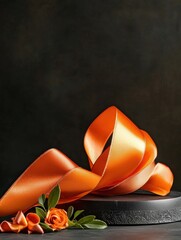 Close-up of an orange ribbon tied in a bow on top of a black circular object. the ribbon is shiny and shiny, and it is tied in an elegant manner.