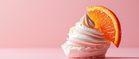 Close-up of a dessert with a slice of orange on top. the dessert appears to be a meringue or whipped cream, with a light pink color and a smooth texture.