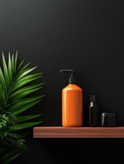 Black wall with a wooden shelf on the right side. on the shelf, there is an orange plastic bottle with a black pump dispenser.