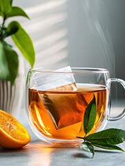 Glass cup of tea with a tea bag in it. the cup is filled with a golden-colored liquid, likely tea, and there is a slice of orange on the side.