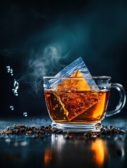 Close-up of a glass cup of tea with a tea bag floating in it. the cup is filled with a dark brown liquid, likely tea, and there are small pieces of tea scattered around the cup.