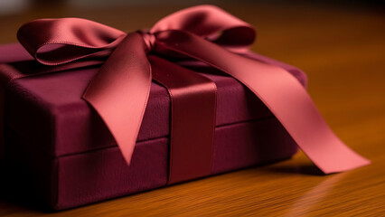 Close up of a luxurious burgundy gift box tied with a satin bow