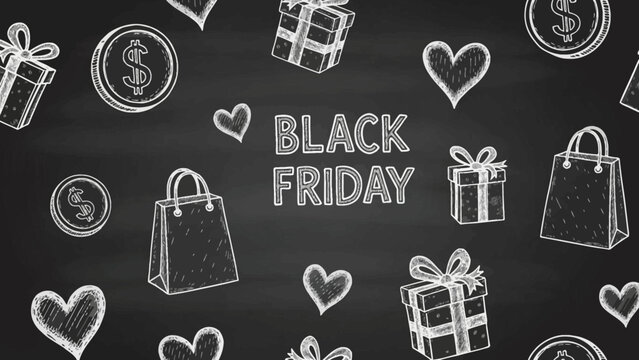 Celebrate Black Friday with heartwarming gifts and savings deals, sketched on a vintage chalkboard background for a charming, promotional feel