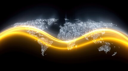 A stylized digital representation of the Earth's continents, formed by numerous small white lights, is overlaid with a bright, flowing yellow wave and subtle li