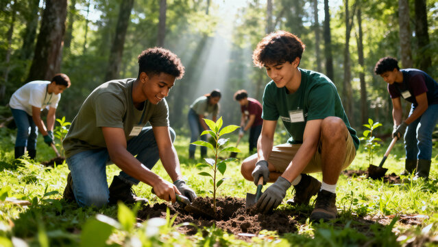 Young volunteers planting trees in the forest on a sunny day