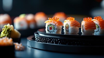 Black plate with several sushi rolls on it. the sushi rolls are arranged in a circular pattern on the plate, with some of them overlapping each other.