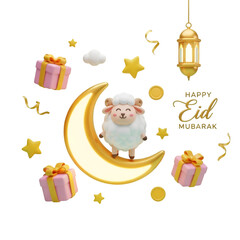 Naklejka premium Cute 3d sheep on golden moon with gifts, lantern for eid mubarak, isolated on transparent background
