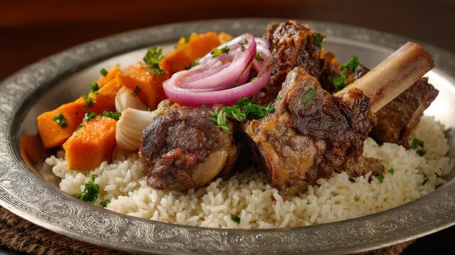 Gourmet Braised Beef Shanks With Rice Sweet Potatoes and Onions Garnished With Parsley Served In A Decorative Metal Plate With Intricate Patterns Against A Dark Textured Background With Soft Lighting