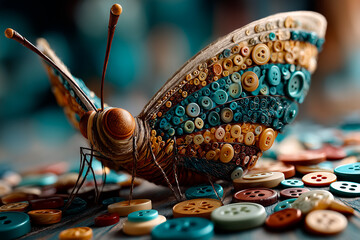 A colorful butterfly crafted from various sewing buttons rests on a surface covered with more buttons. The art piece showcases vibrant textures and creative design.