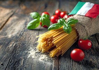 A rustic still life with uncooked spaghetti, fresh basil leaves, ripe cherry tomatoes, and a small Italian flag on burlap, arranged on a wooden table in warm natural light.