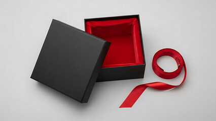 Open black gift box with red satin lining and ribbon on white