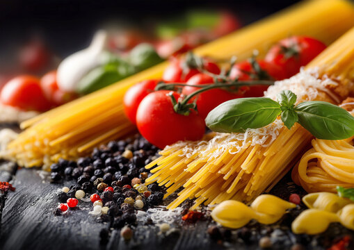 A rustic still life with uncooked spaghetti, fresh basil leaves, ripe cherry tomatoes, and a small Italian flag on burlap, arranged on a wooden table in warm natural light.