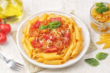 Penne Bolognese, delicious pasta with a rich meat sauce