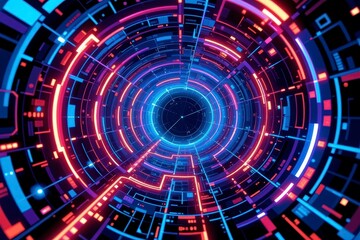 Obraz premium Futuristic Digital Tunnel with Neon Lights and Geometric Patterns