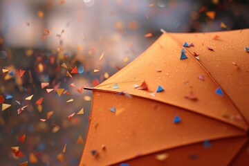 Orange umbrella amidst confetti