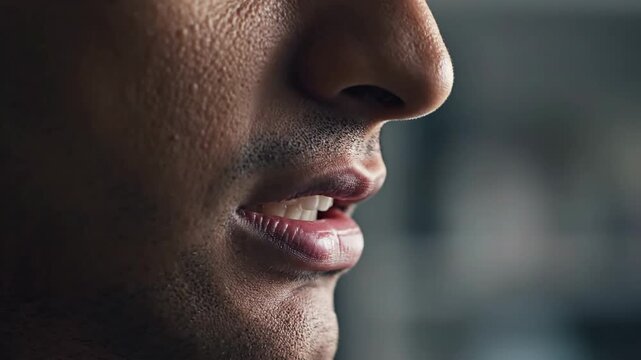 Closeup of a man's face showing his nose and mouth in profile with soft lighting highlighting his skin texture and subtle expression against a blurred background for a natural look