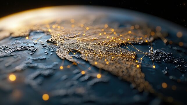 A close-up view of planet Earth from space, showing illuminated landmasses with glowing network connections and a warm sunrise glow.