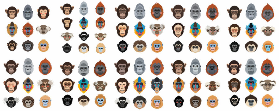 Extensive flat design vector pattern of diverse primate faces, including great apes and monkeys like mandrills, chimpanzees, and gorillas.